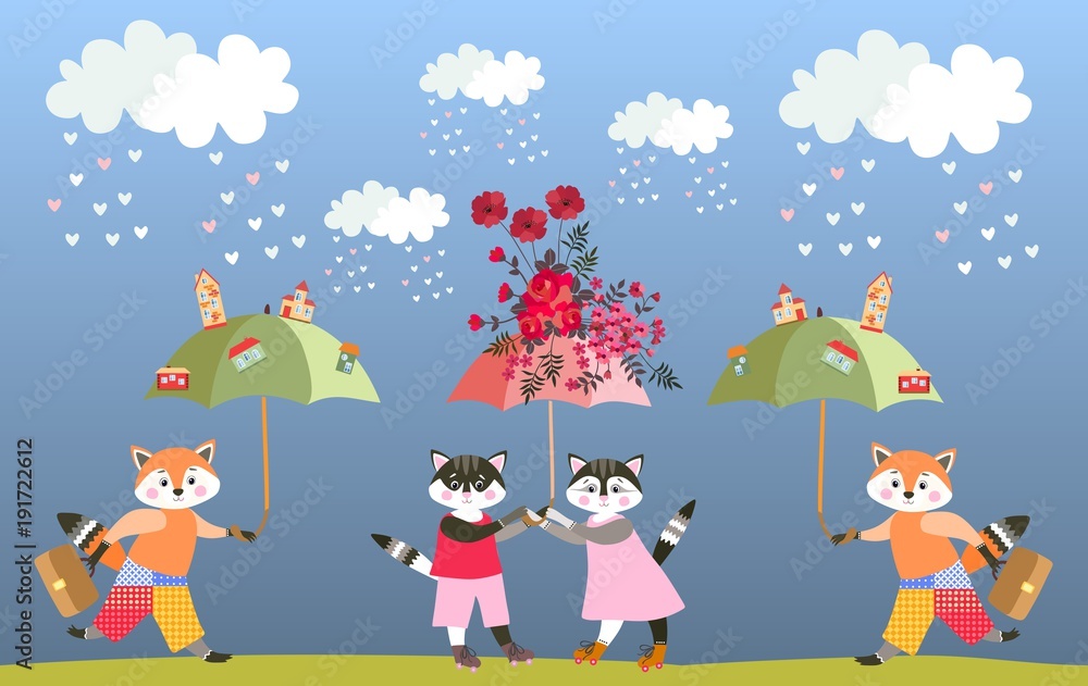 Cute cartoon little foxes and kittens with fairy umbrellas. Greeting card for child. Vector summer design.