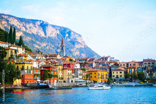 View of colorful town and mountian background  Lake como Italy Europe
