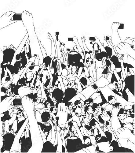 Stylized illustration, background art of party people at concert with raised hands recording in black and white