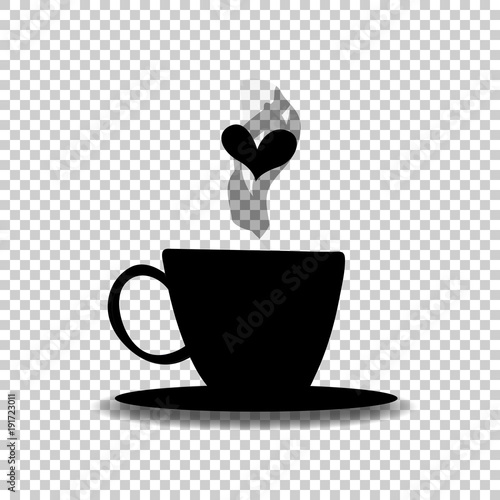 Black silhouette of  cup with steam and heart on transparent