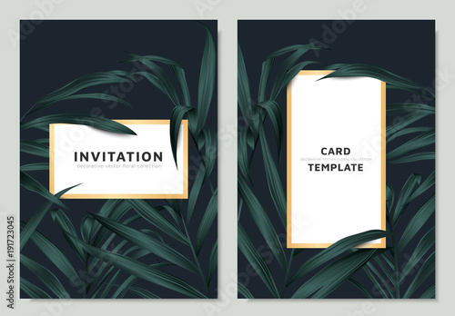 Green palm leaves with white golden border frame on dark background, invitation card template design