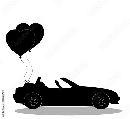 Black silhouette of  opened  car with pair of  heart  balloons