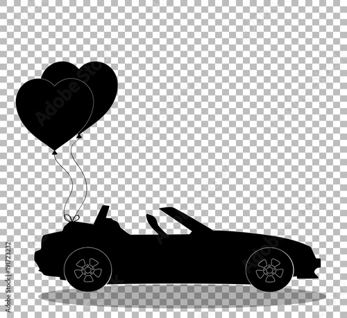 Black silhouette of cabriolet car with pair of heart balloons