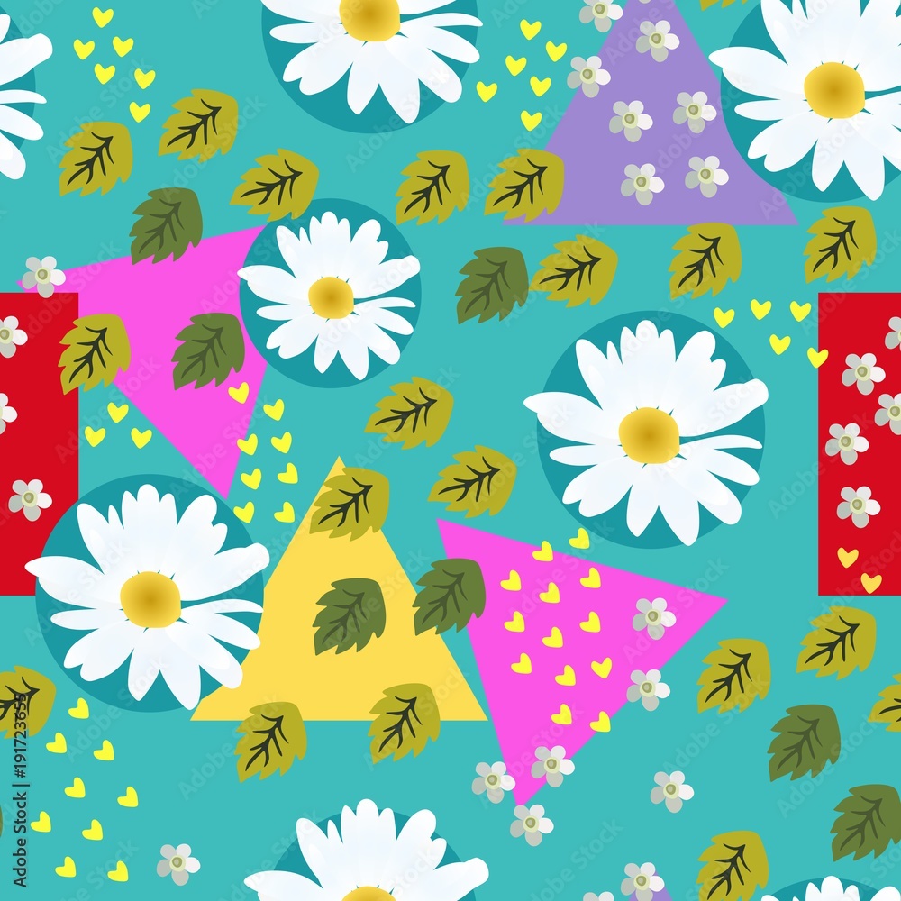 Seamless botanical pattern with circles, triangles and hearts. Fashionable print for fabric. Vector illustration.