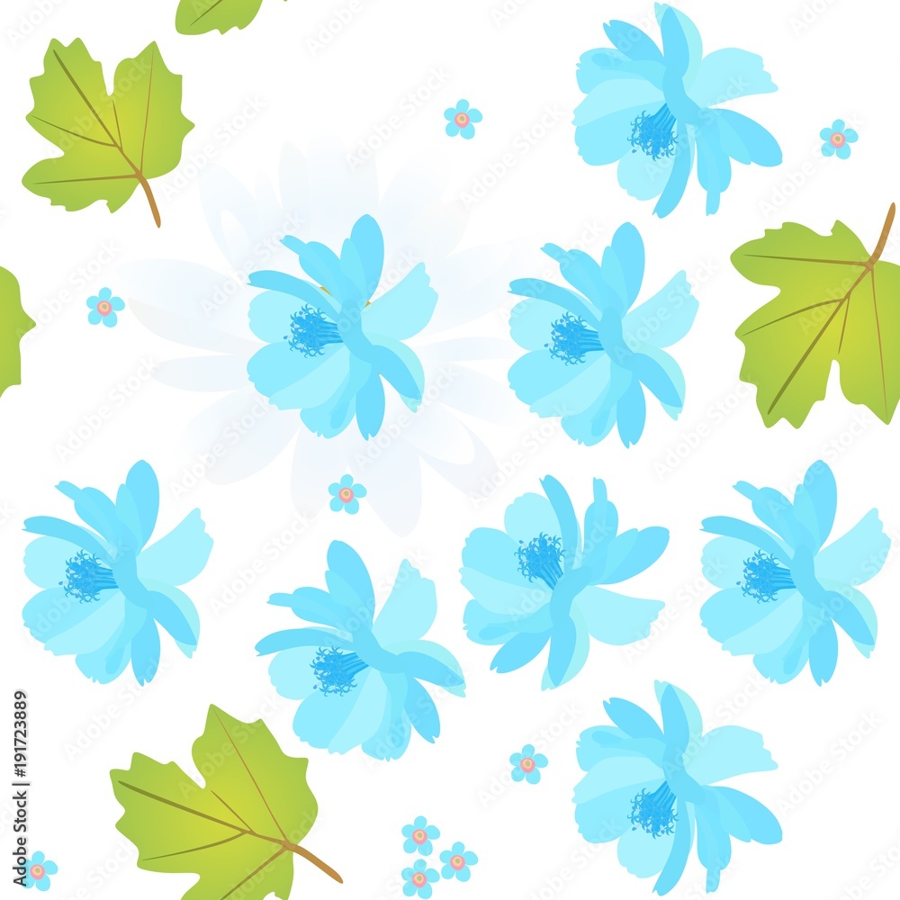 Seamless natural pattern with blue cosmos and forget me not flowers, viburnum leaves on white background. Spring vector design.