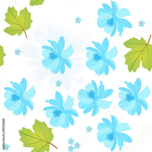 Seamless natural pattern with blue cosmos and forget me not flowers  viburnum leaves on white background. Spring vector design.