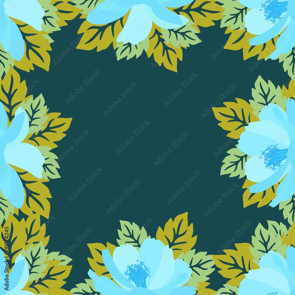 Square floral frame with stylized blue cosmos flowers. Space for text. Vector summer design. Seamless colorful print for fabric. Square floral frame with stylized blue cosmos flowers. Space for text. Vector summer design. Seamless colorful print for fabric.