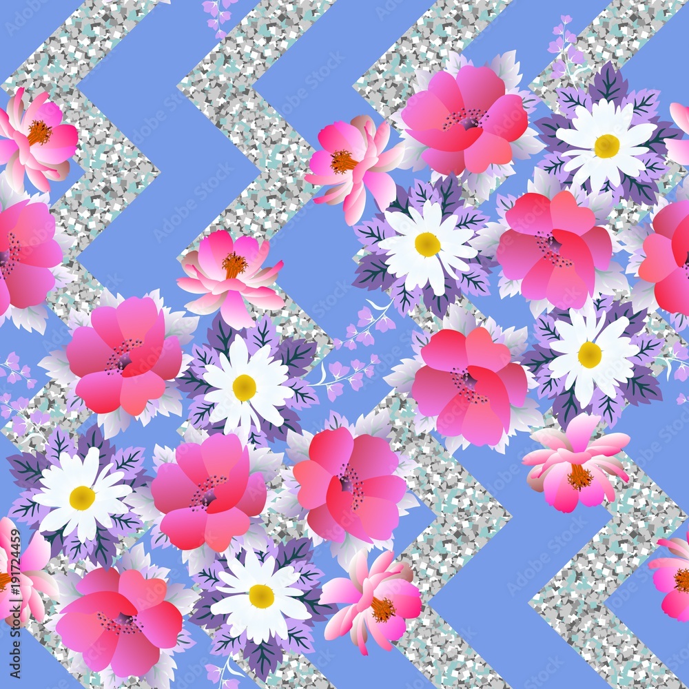 Seamless floral print for fabric. Bouquets of garden flowers on silver shimmer zigzag background. Summer vector design. Seamless floral print for fabric. Bouquets of garden flowers on silver shimmer zigzag background. Summer vector design.