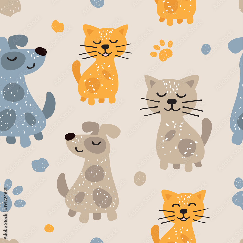 Childish seamless pattern with cute dogs and cats. Scandinavian style. Childish texture for fabric