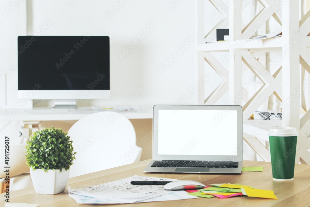 Modern workplace with clean white computer Modern workplace with clean white computer