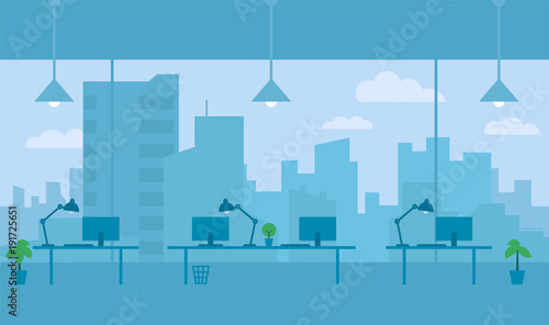 Office with view from window city. Workplace