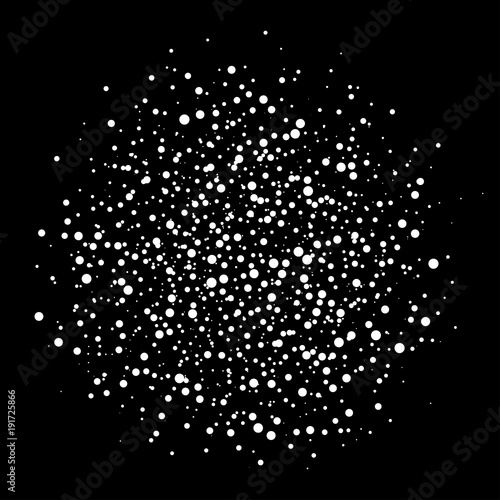 Vector halftone abstract sphere of white random dots on black background, spot of circles, vector design element. Vector illustration