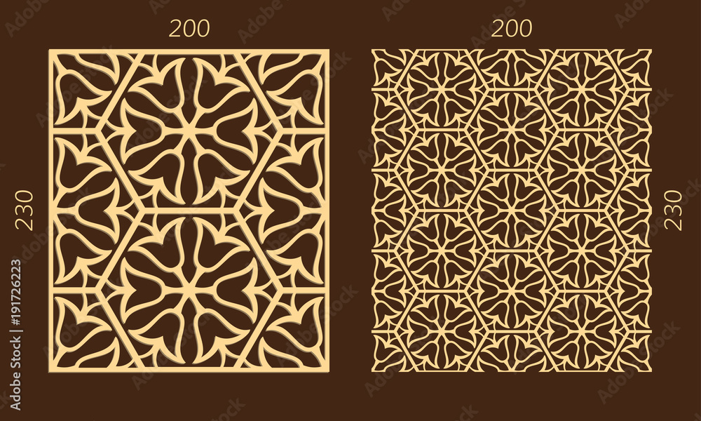 Obraz premium Laser cutting set. Woodcut vector trellis panel. Plywood lasercut eastern design. Hexagonal seamless pattern for printing, engraving, paper cutting. Stencil lattice ornament.
