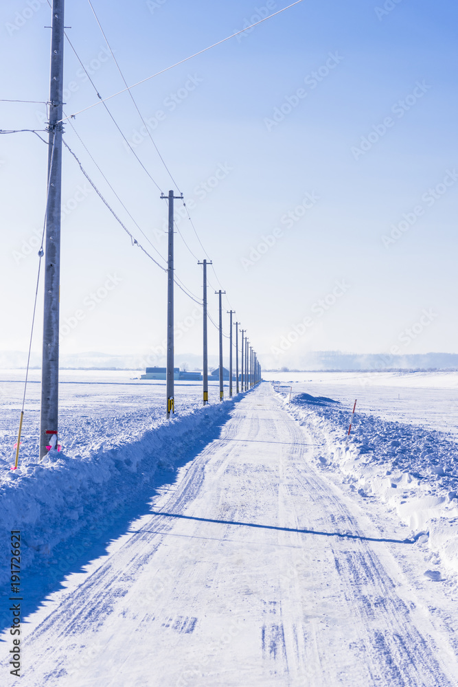 北の大地の白い雪道