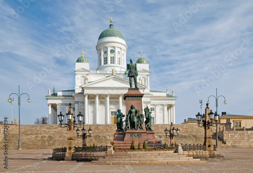 Helsinki. Finland. Senate Square. Helsinki Cathedral also known as a St Nicholas Church and Alexander II Sculpture in the foreground