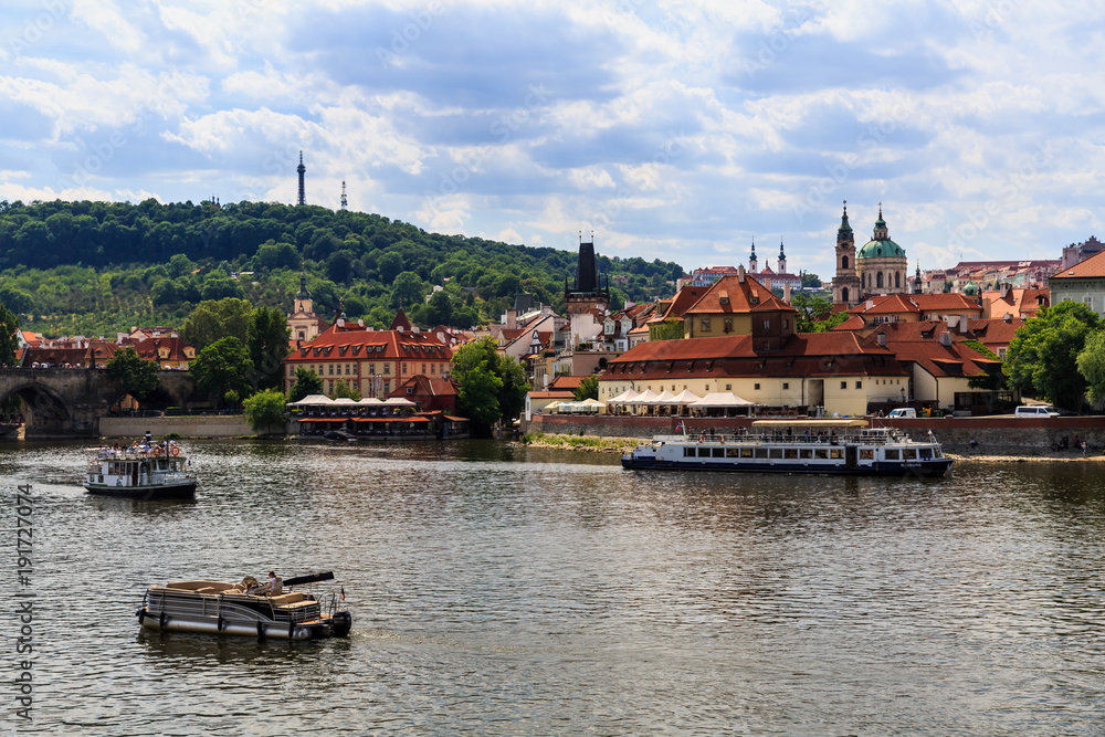 View of Vltava River and Castle of Prague on a sunny day