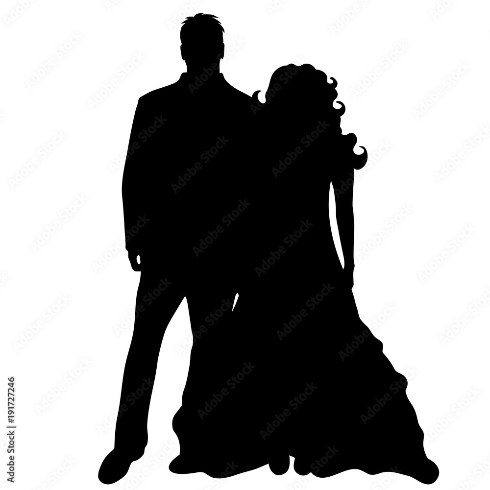 Vector silhouette of bride with groom on white background.