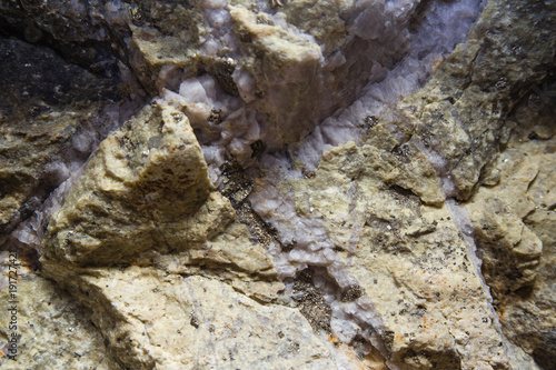 Crystalls of piryte at quartz and listvinite sample specimen gold ore