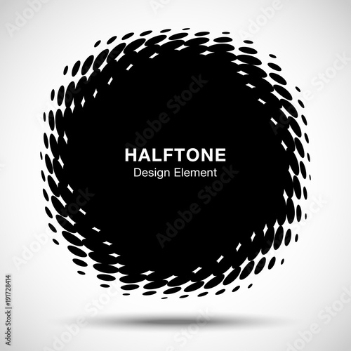 Convex distorted black abstract vector circle frame halftone dots logo emblem design element for new technology pattern background. Round border Icon using halftone circle dots raster texture. Vector 