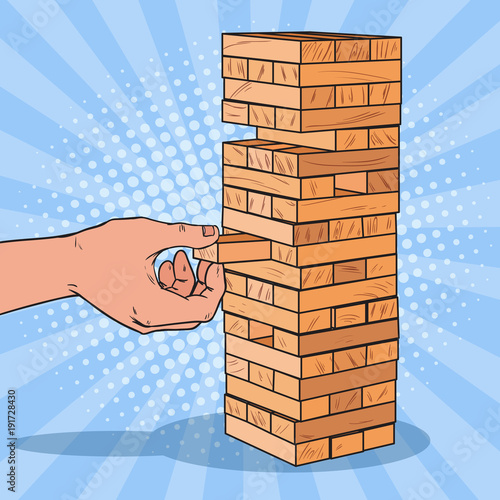 Pop Art Male Hand Pulls out Wooden Block in Table Game. Vector illustration