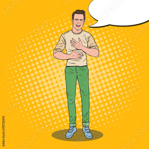 Pop Art Young Man Laughing Hard with Hands on His Belly. Positive Emotion Facial Expression. Vector illustation