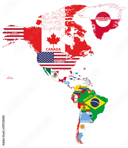 North and South America map with country names and flags of countries. Vector illustration
