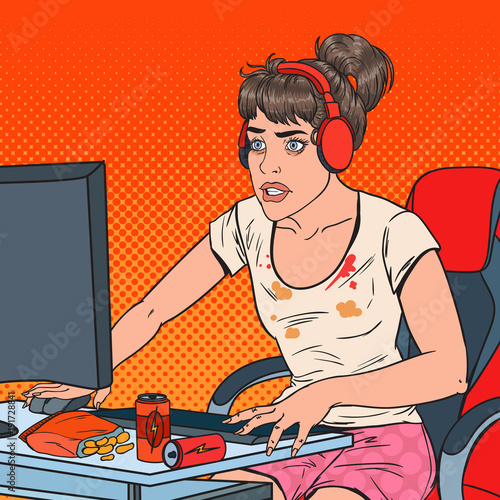 Pop Art Tired Young Woman Playing Video Games. Computer Addicted Girl. Vector illustration