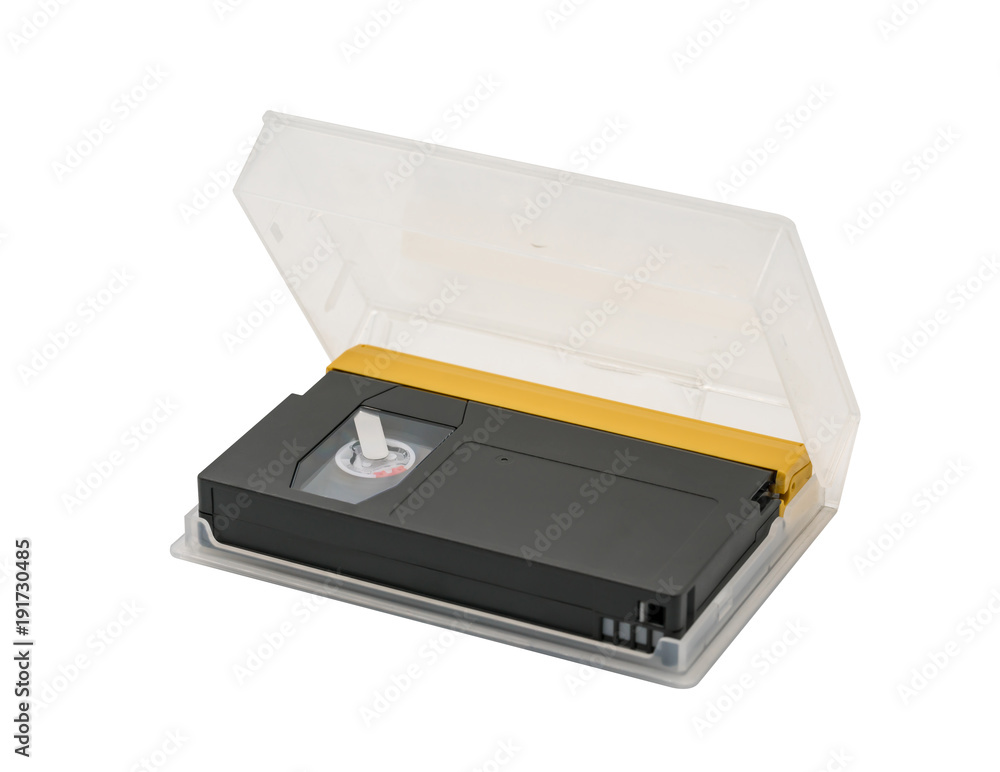 Digital video tape in black and gold colors with clear plastic packaging box isolated on white Digital video tape in black and gold colors with clear plastic packaging box isolated on white