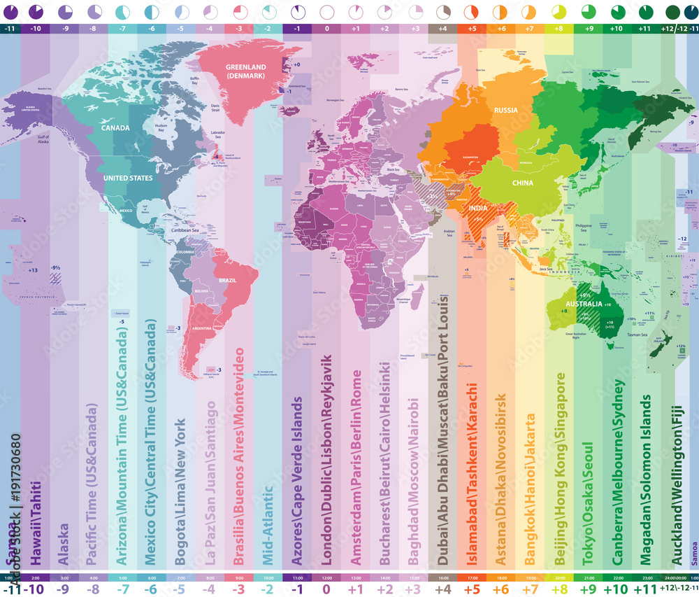 Obraz premium world time zones vector map with countries names and borders