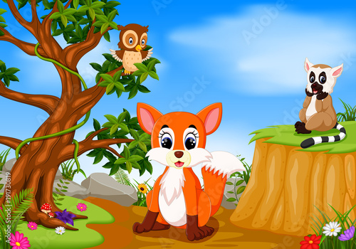 fox, owl and lemur with mountain cliff scene

