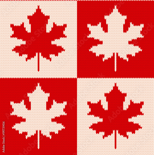 Maple leaves on checkered background - Seamless knitting pattern