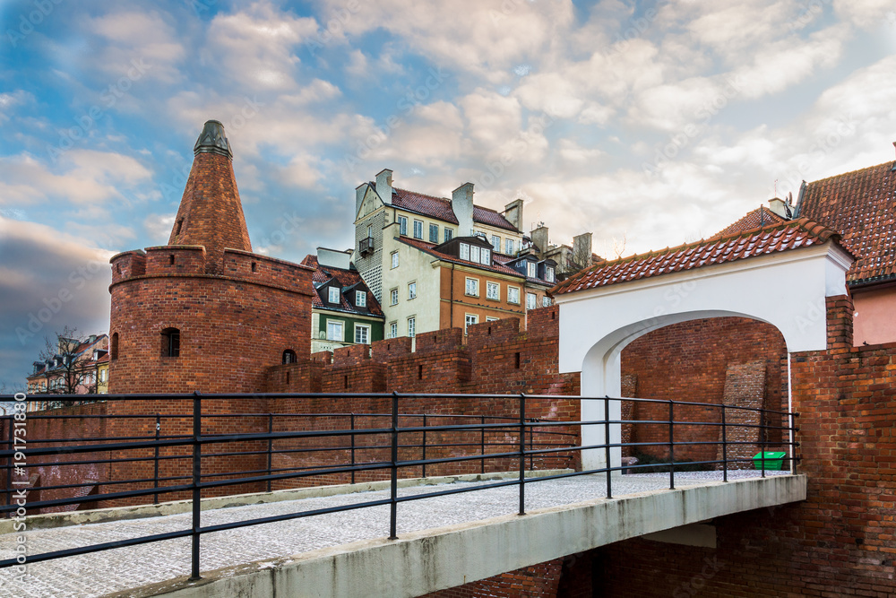 Fototapeta premium Barbican fortress (castle) in old town Warsaw, Poland