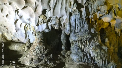panning shot of limestone rock formations inside sung sot cave at halong bay, vietnam