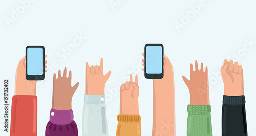 People Hands Silhouettes with Smart Phone Camera Taking Picture Crowd Vector Illustration
