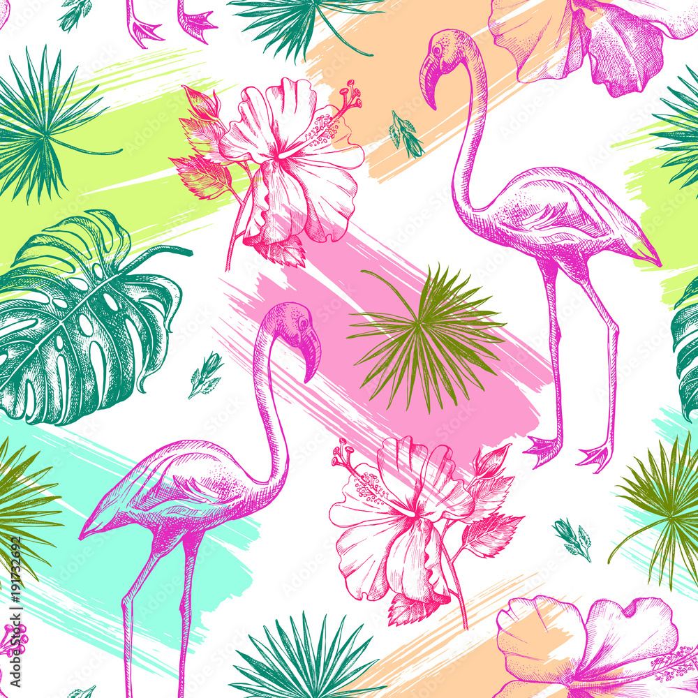Decorative seamless pattern with ink hand-drawn Tropical hibiscus flowers, leaves and flamingo bird. Vector illustration. Decorative seamless pattern with ink hand-drawn Tropical hibiscus flowers, leaves and flamingo bird. Vector illustration.