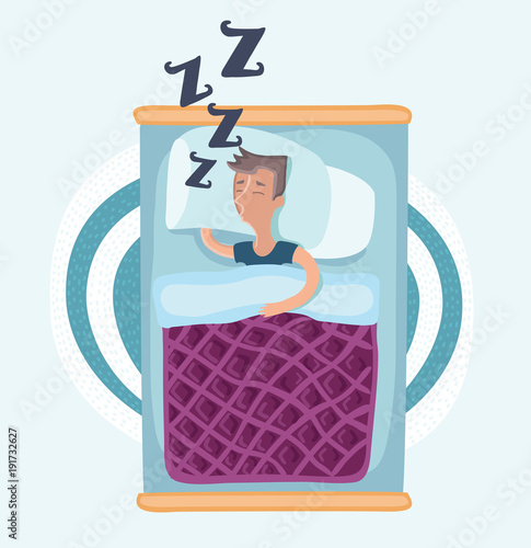 Man sleeping in bed under blanket, wearing pajamas, lying on side, top view cartoon vector illustration on white background. Top view of man sleeping on side in pajamas, lying in bed under blanket