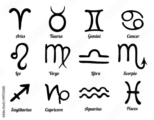 Set of 12 hand drawn zodiac signs. Black astrological symbols