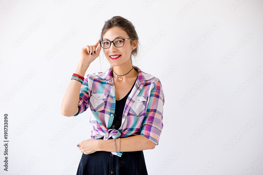 Studio portrait of young beautiful woman wearing glasses Studio portrait of young beautiful woman wearing glasses