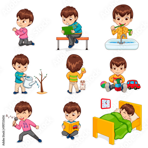 Boy Does Daily Routine Actions Illustrations Set