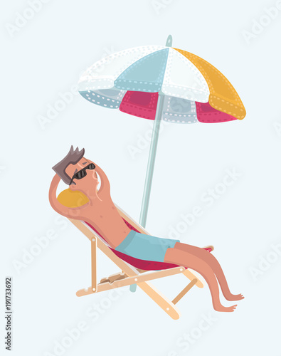 A hipster man with the beard sitting in a chaise longue on the beach. Young happy man resting on holiday while sitting under umbrella on the beach. Vector flat design illustration. Square layout.
