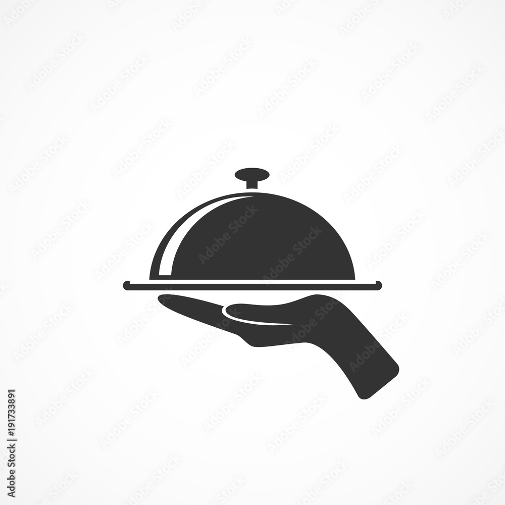 Vector image of icon tray with lid with hand.Sign of food. Vector image of icon tray with lid with hand.Sign of food.