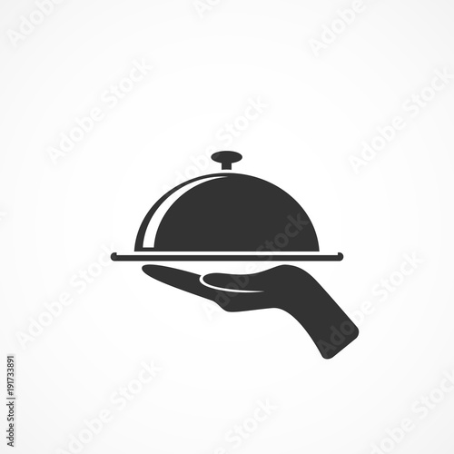 Vector image of icon tray with lid with hand.Sign of food.