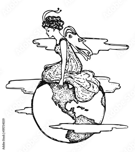 Schmetterling Frau auf Weltkugel - Butterfly woman on world globe