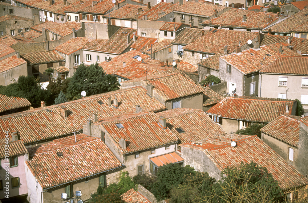 France, Languedoc-Roussillon, Aude, view over the red tiled roofs of Carcassonne from the castle