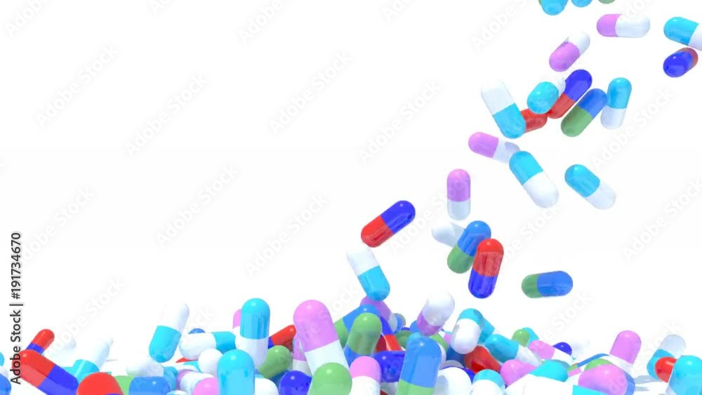 many pills fall on white background, 3d animation many pills fall on white background, 3d animation