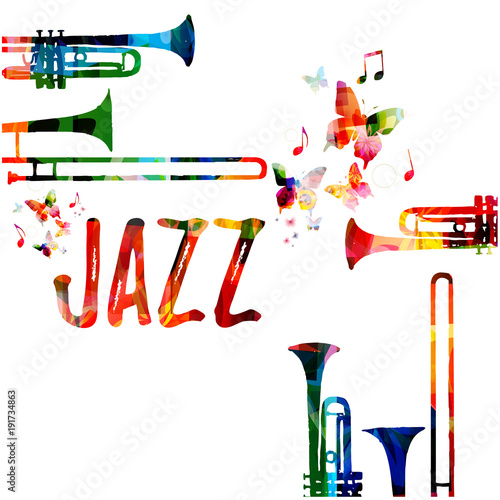 Jazz music colorful background. Jazz music festival poster. Word jazz with saxophone isolated vector illustration. Music instrument vector
