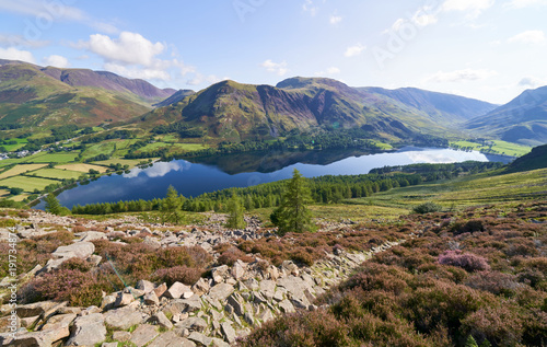 Views of Lake Buttermere on route to the summit of Red Pike with Wandope, Robinson, Dale Head and Fleetwith Pike in the distance. The English Lake District, UK.