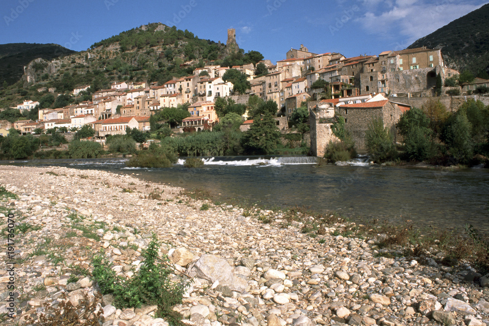 France, Languedoc-Roussillon, Herault 34, Roquebrun, River Orb, Hillside village