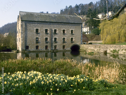 Spring sunshine on the millpond and one of the old mills in the valley, Chalford, Gloucestershire, The Cotswolds, UK photo
