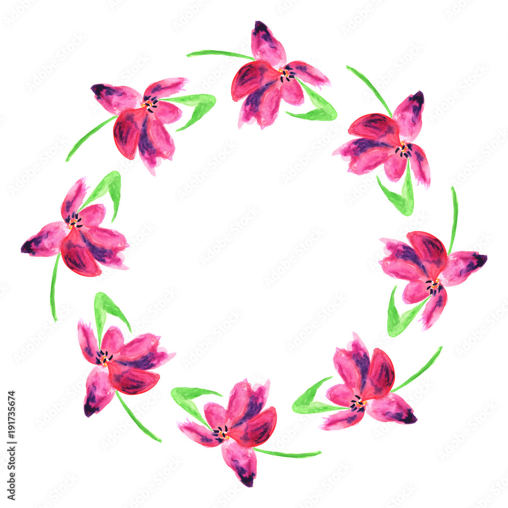 Watercolor illustration. Wreath of spring flowers on white background. Botanical design element.